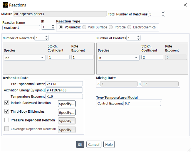 Reactions Dialog Box with Settings for Two-Temperature Model