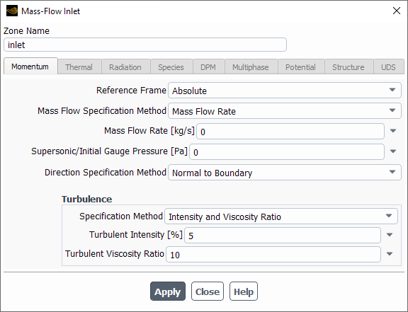 The Mass-Flow Inlet Dialog Box