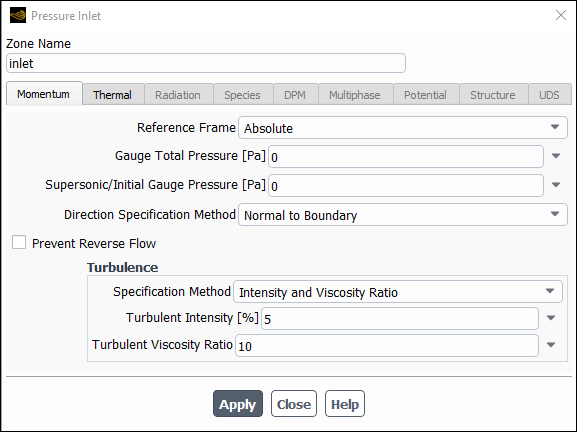 The Pressure Inlet Dialog Box