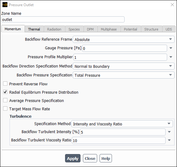 The Pressure Outlet Dialog Box