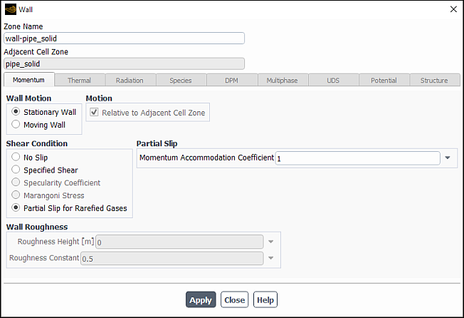 The Wall Dialog Box for Partial Slip Shear Condition