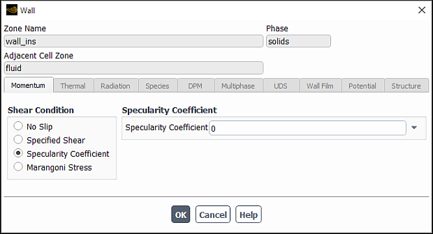 The Wall Dialog Box for the Specularity Coefficient