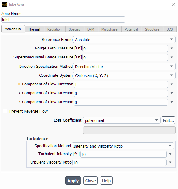 The Inlet Vent Dialog Box