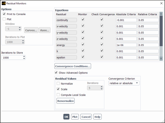 The Residual Monitors Dialog Box Displaying Relative or Absolute Convergence