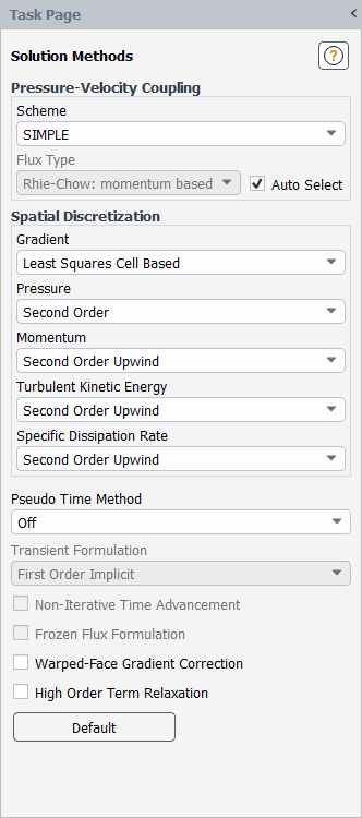 The Solution Methods Task Page for a Pressure-Based Segregated Algorithm