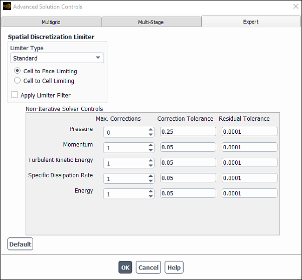 The Advanced Solution Controls Dialog Box for the Pressure-Based Segregated Non-Iterative Solver