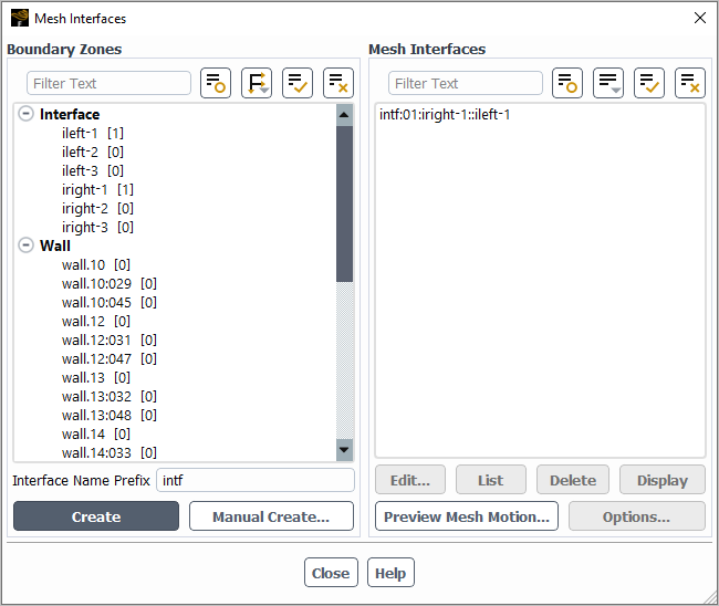 The Mesh Interfaces Dialog Box for the One-to-One Method