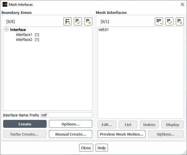 The Mesh Interfaces Dialog Box for the Many-to-Many Method