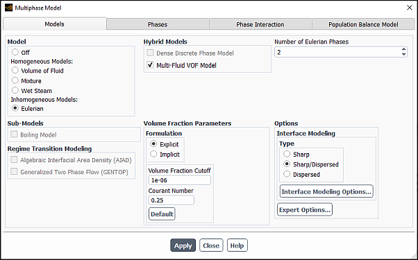 Multiphase Model Dialog Box for the Eulerian Model