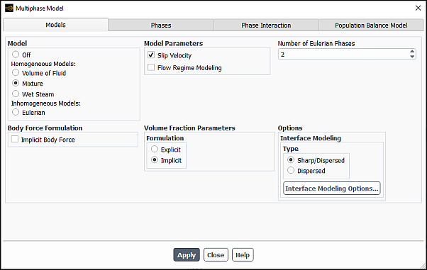 Multiphase Model Dialog Box for the Mixture Model