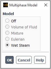 The Multiphase Model Dialog Box with the Wet Steam Model Selected (Density-Based)