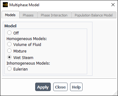 The Multiphase Model Dialog Box with the Wet Steam Model Selected (Pressure-Based)