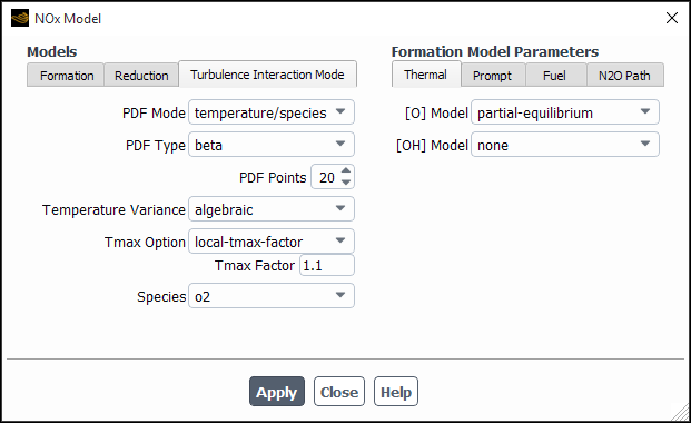 The NOx Model Dialog Box and the Turbulence Interaction Mode Tab