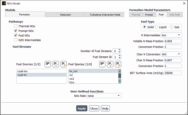 The NOx Model Dialog Box Displaying the Fuel Streams