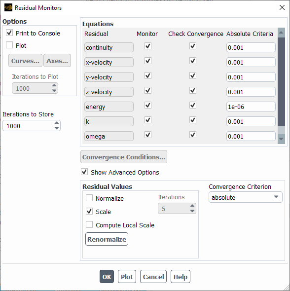 The Residual Monitors Dialog Box with Advanced Options Shown