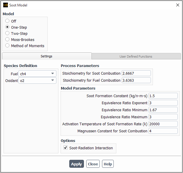 The Soot Model Dialog Box for the One-Step Model