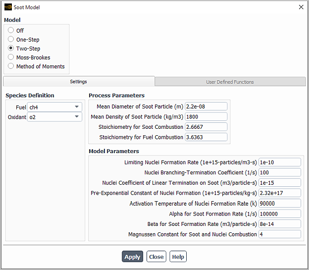 The Soot Model Dialog Box for the Two-Step Model