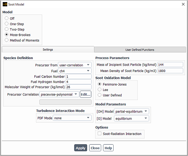 The Soot Model Dialog Box for the Moss-Brookes Model with a User-Defined Precursor Correlation