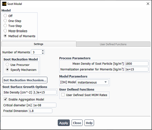 The Soot Model Dialog Box for the Method of Moments Model