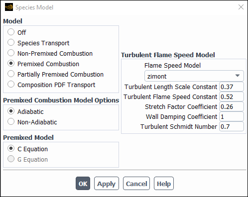 The Species Model Dialog Box for Premixed Combustion