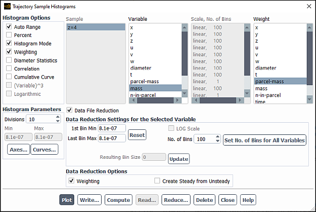 The Trajectory Sample Histograms Dialog Box: Data File Reduction