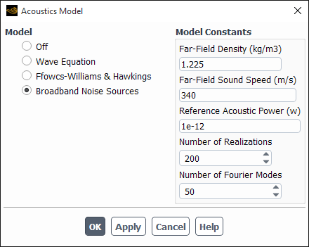 The Acoustics Model Dialog Box for Broadband Noise