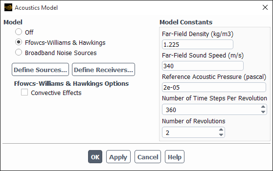 The Acoustics Model Dialog Box for a 3D Steady-State Case with a Single Moving Reference Frame