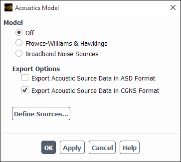 The Acoustics Model Dialog Box for Exporting in CGNS Format