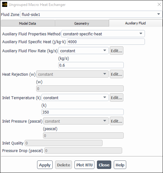 The Ungrouped Macro Heat Exchanger Dialog Box Displaying the Auxiliary Fluid Tab