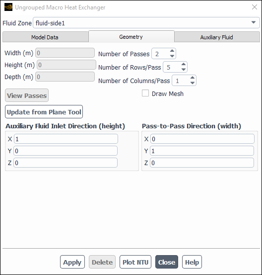 The Ungrouped Macro Heat Exchanger Dialog Box Displaying the Geometry Tab