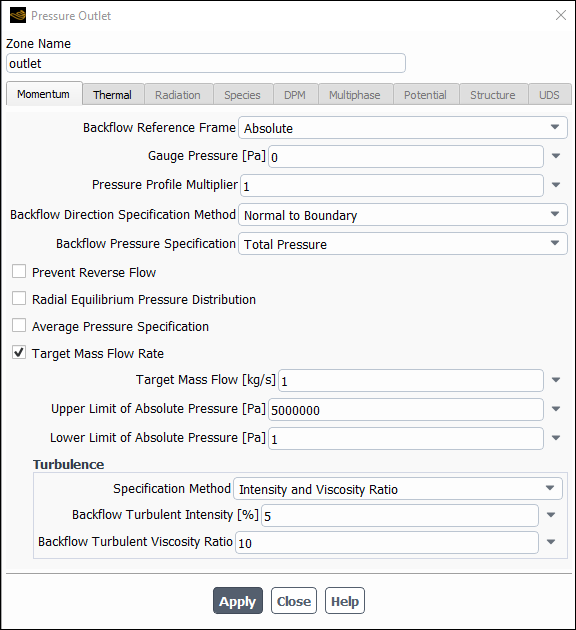 The Pressure Outlet Dialog Box with the Target Mass Flow Rate Option Enabled