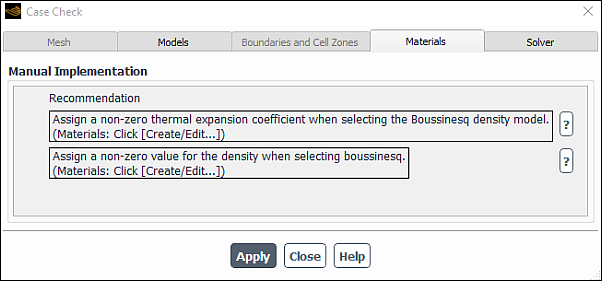 The Materials Tab in the Case Check Dialog Box