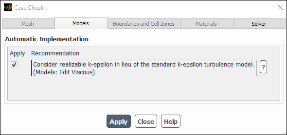 The Models Tab in the Case Check Dialog Box