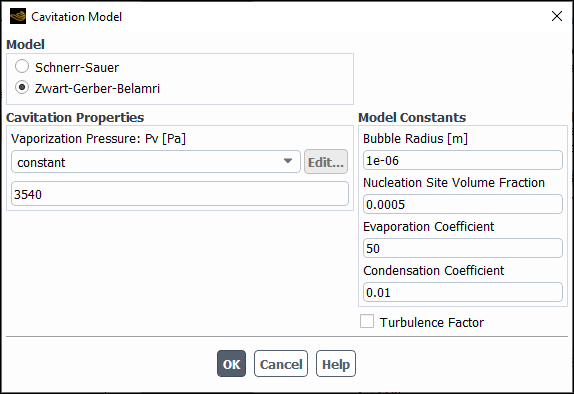 The Cavitation Model Dialog Box