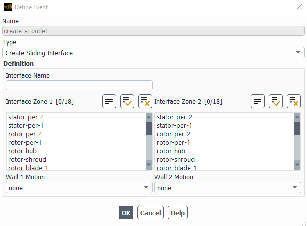 The Define Event Dialog Box for the Creating Sliding Interface Option