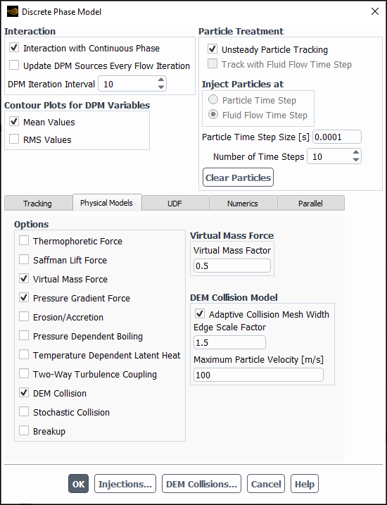 Discrete Phase Model Dialog Box with DEM Collision Model