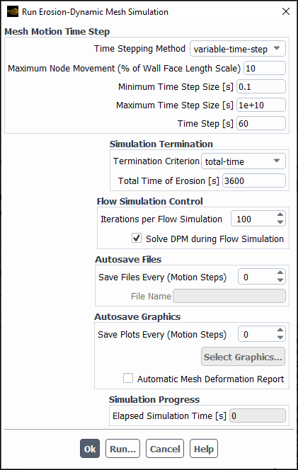 The Run Erosion-Dynamic Mesh Simulation Dialog Box