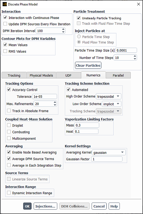 The Discrete Phase Model Dialog Box - Numerics Tab