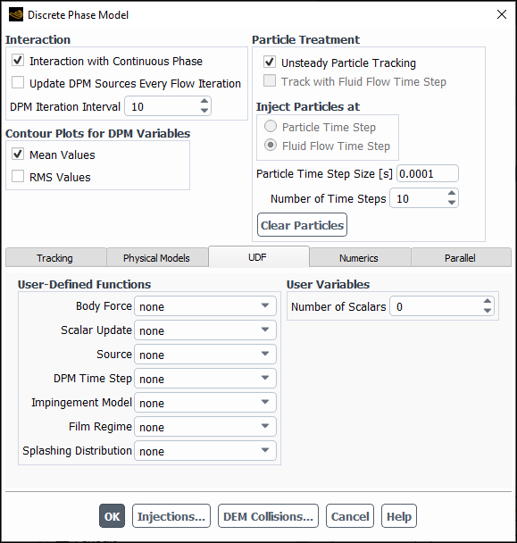 The Discrete Phase Model Dialog Box - UDF Tab