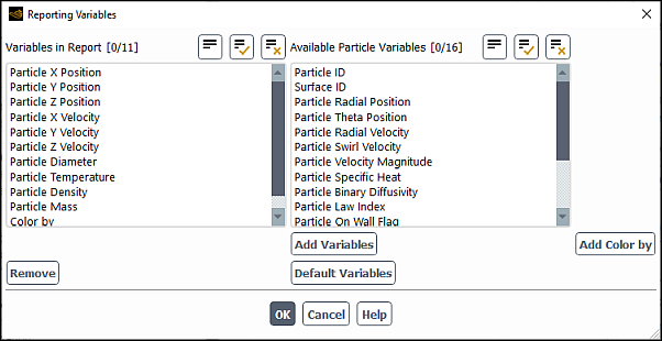 The Reporting Variables Dialog Box