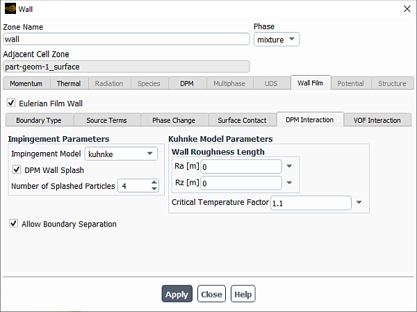 Wall Dialog Box - DPM Interaction Tab