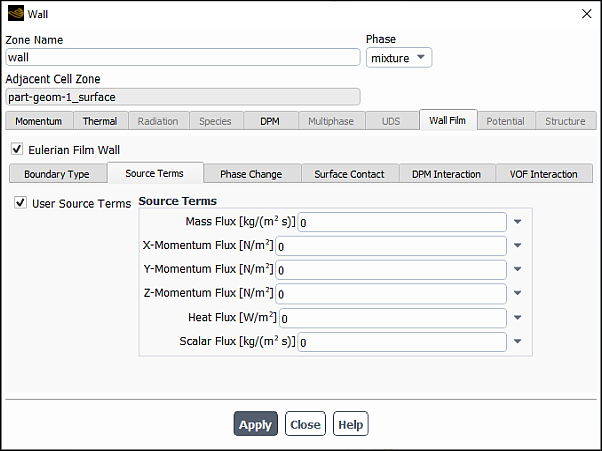 Wall Dialog Box - Sources Terms Tab