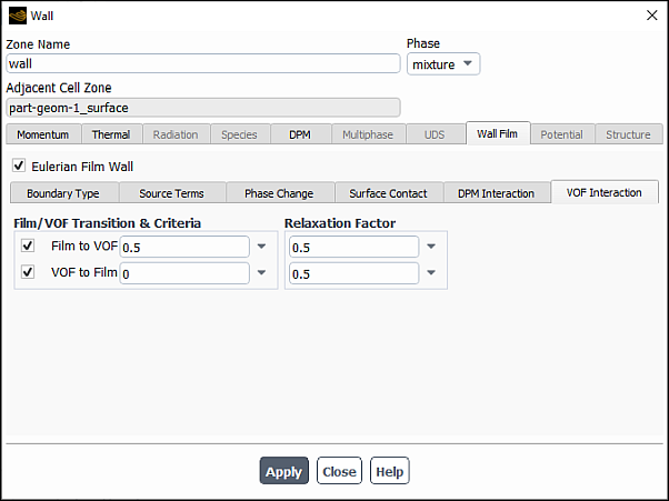 Wall Dialog Box - VOF Interaction Tab