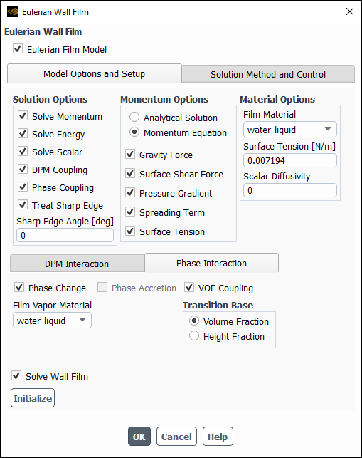 The Eulerian Wall Film Dialog Box - Model Options and Setup tab (with Phase Interaction)