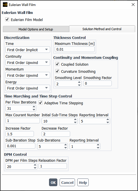 Eulerian Wall Film Solution Controls (Unsteady Flow)