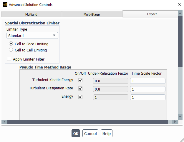 The Advanced Solution Controls Dialog Box for the Pseudo Time Method