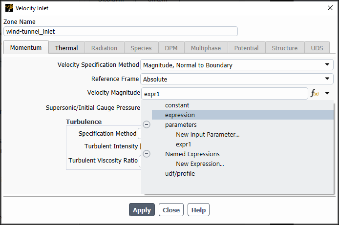 Velocity Magnitude Defined as "expr1", An Expression Input Parameter