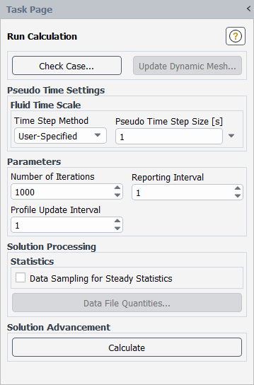 The Run Calculation Task Page for the User-Specified Pseudo Time Step Method