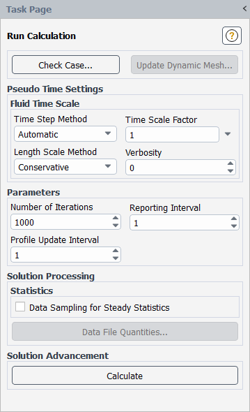 The Run Calculation Task Page for the Automatic Pseudo Time Step Method