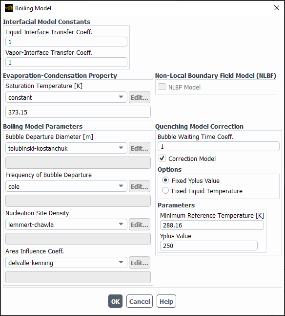 The Boiling Model Dialog Box